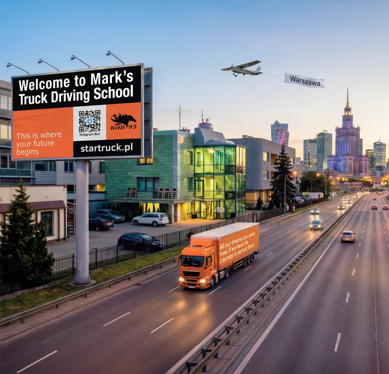 Биллборд «Mark's Truck Driving School» у дороги, оранжевый фургон в движении и вид на центр Варшавы с самолётом