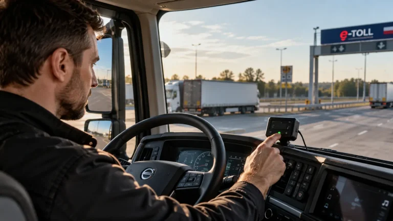 Водитель грузовика использует устройство e-TOLL для оплаты платных дорог в Польше во время международной перевозки.